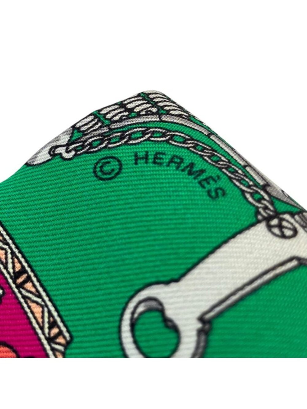 Hermes Mors Et Gourmettes Remix Horsemanship and Chains Twilly Scarf Green - Picture 3 of 6